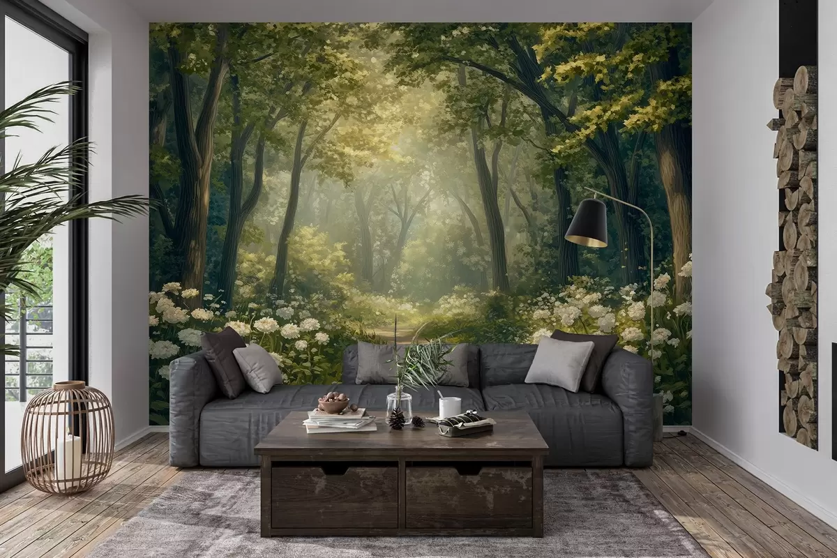 murales de pared Sendero en el bosque verde, flores blancas, luz del sol, dibujo estilo acrílico w04119