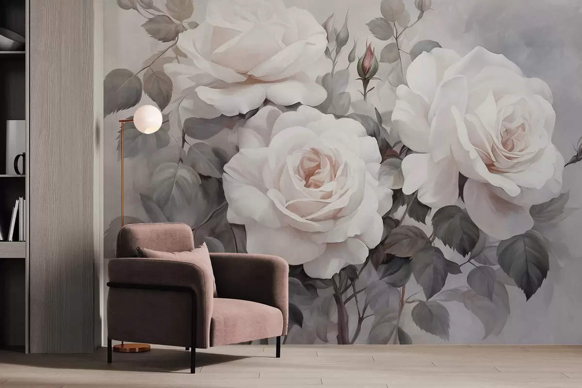 murales de pared Rosas blancas texturizadas con hojas y tallos, suaves colores pastel apagados, elegante estilo vintage , delicadas pinceladas w09198