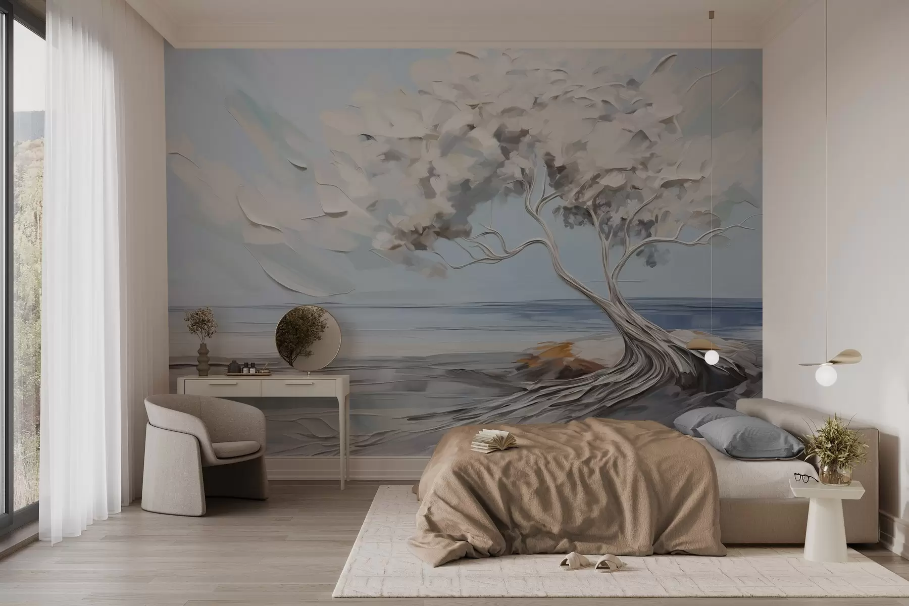 murales de pared Un árbol blanco con hojas gruesas y texturadas en una playa de arena, paisaje con cielo azul claro w09205