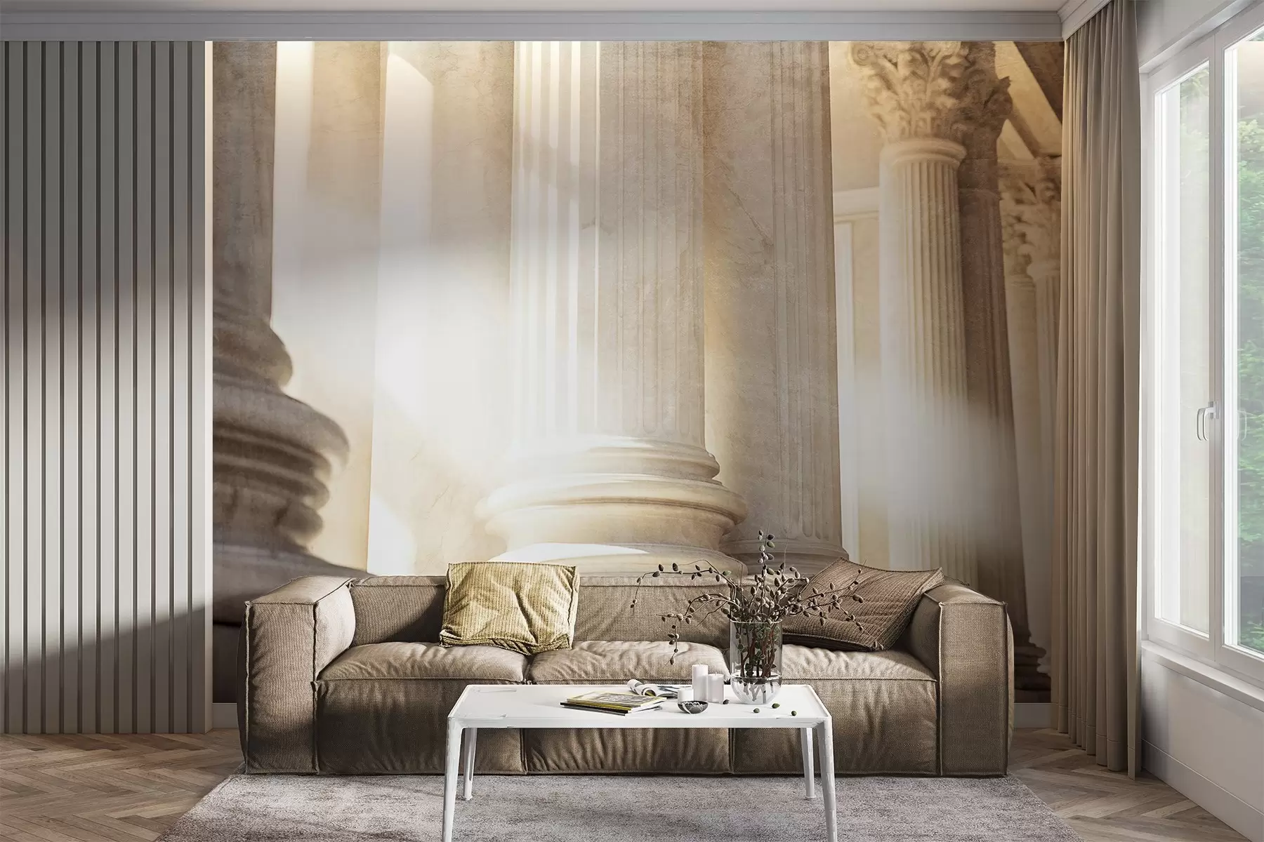 murales de pared Columnas, arquitectura clásica, diseño elegante, composición simétrica texturizada, paleta de colores neutros w09209