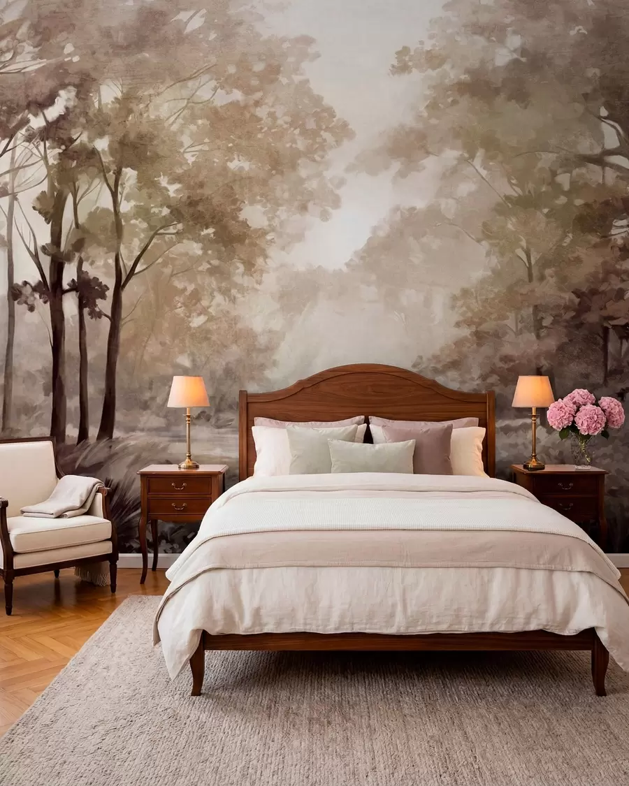 murales de pared Paisaje forestal texturizado, árboles con hojas beige y marrones, paleta de colores pastel w09210