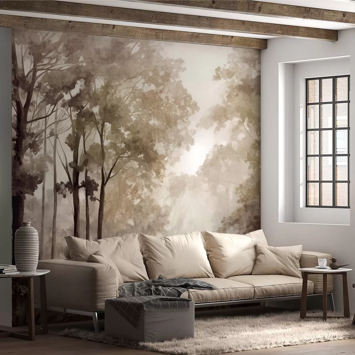 murales de pared Paisaje forestal texturizado, árboles con hojas beige y marrones, paleta de colores pastel w09210
