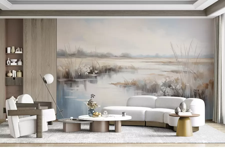 murales de pared Paisaje tranquilo y texturizado con hierbas altas y aguas tranquilas, suaves colores pastel, árboles lejanos en el horizonte w09213