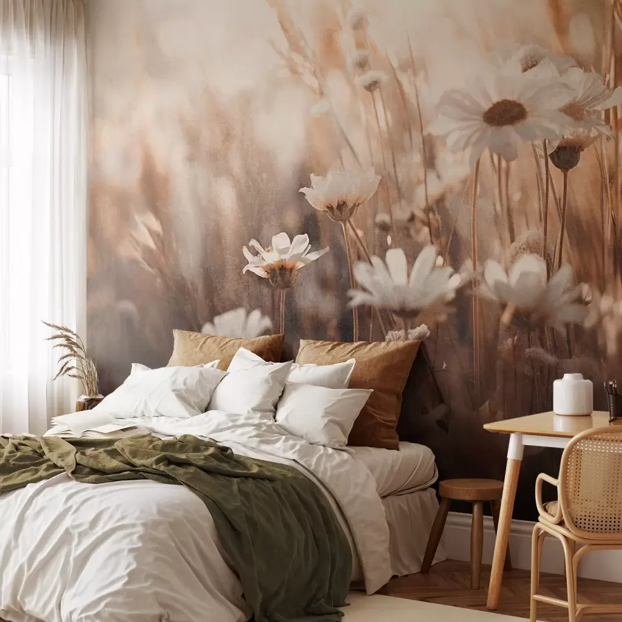 murales de pared Campo texturizado de margaritas blancas y flores silvestres en paleta de colores cálidos con fondo difuminado w09214