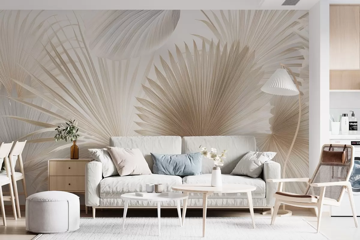murales de pared Suaves abanicos de hojas tropicales en tonos beige claro y azulados w09084
