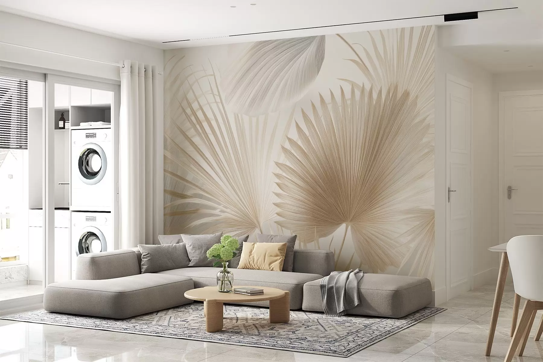 murales de pared Suaves abanicos de hojas tropicales en tonos beige claro y azulados w09084