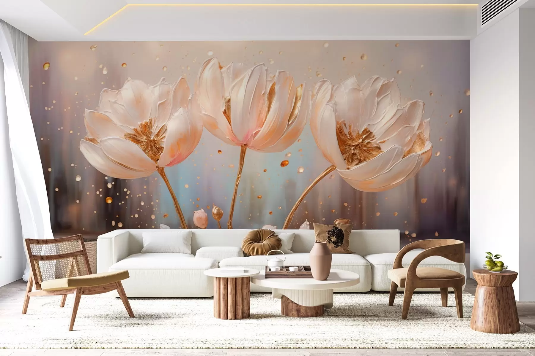 murales de pared Delicadas flores voluminosas al amanecer w09148