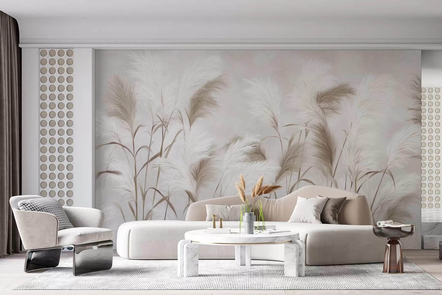 murales de pared Elegantes flores de hierba de la pampa en tonos grises y marrones w09150