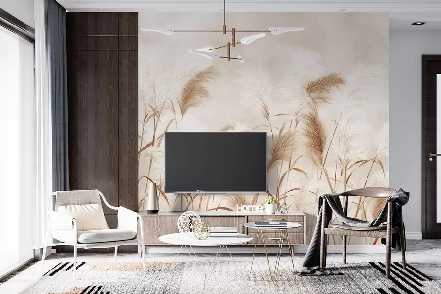 murales de pared Elegantes flores de hierba de la pampa en suaves tonos beige y lechosos w09150v1