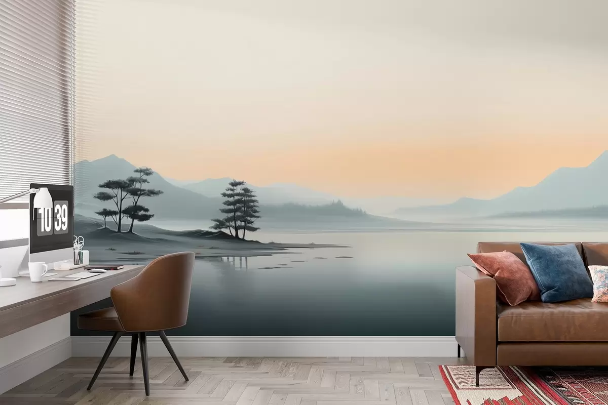 murales de pared Paisaje minimalista con montañas neblinosas y un lago w09151