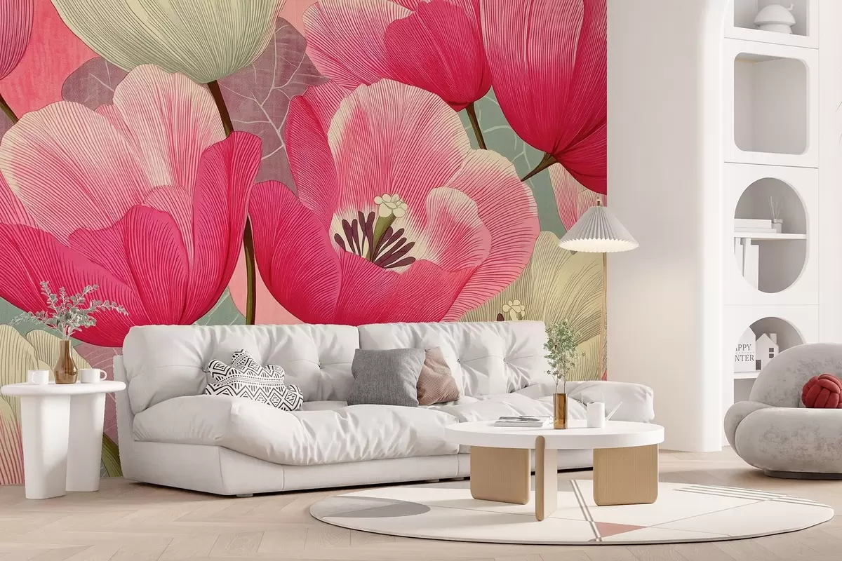 murales de pared Amapolas vivas con hojas gráficas de fondo w09152