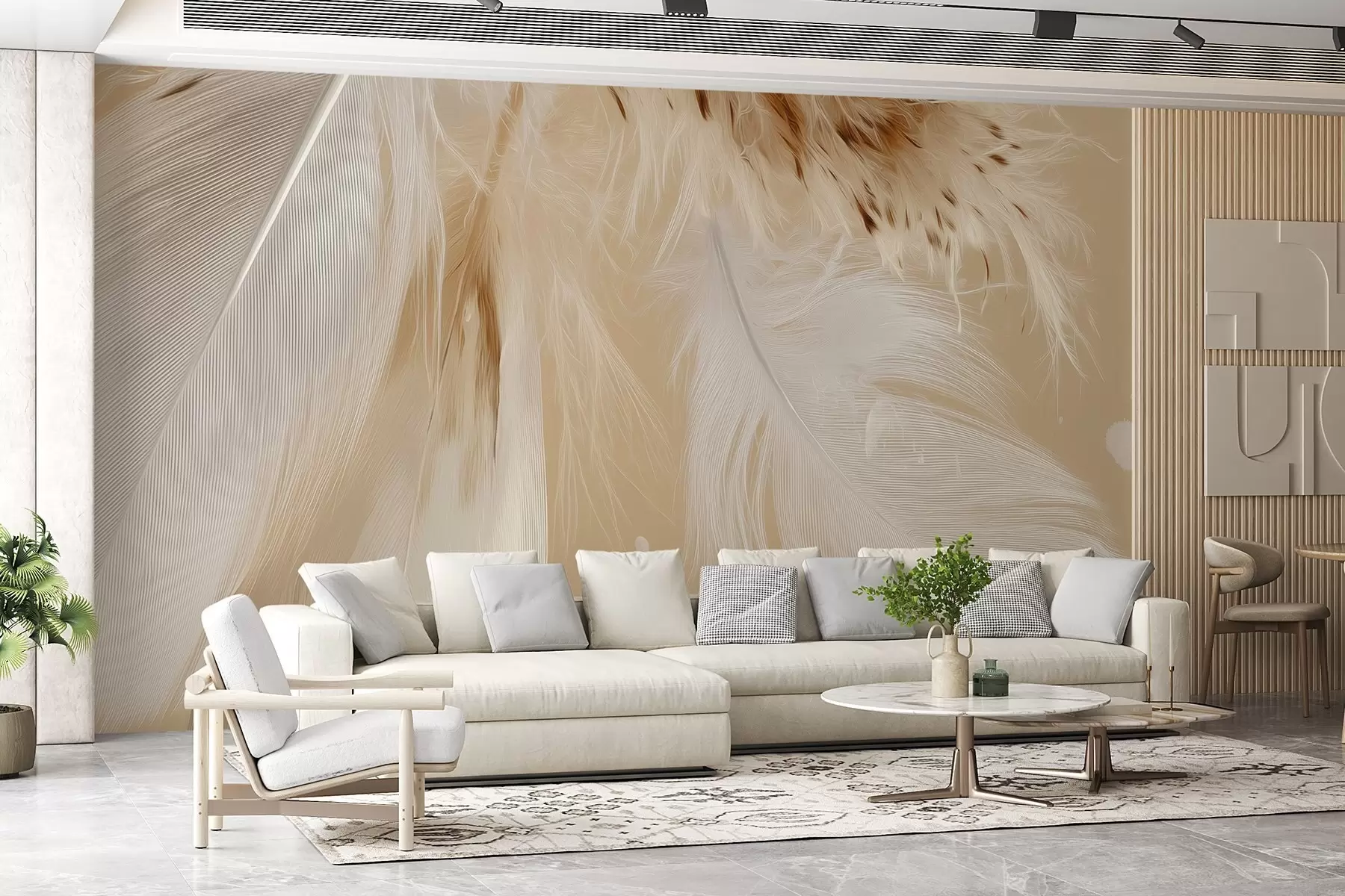 murales de pared Plumas claras en cálidos tonos beige y blanco w09153