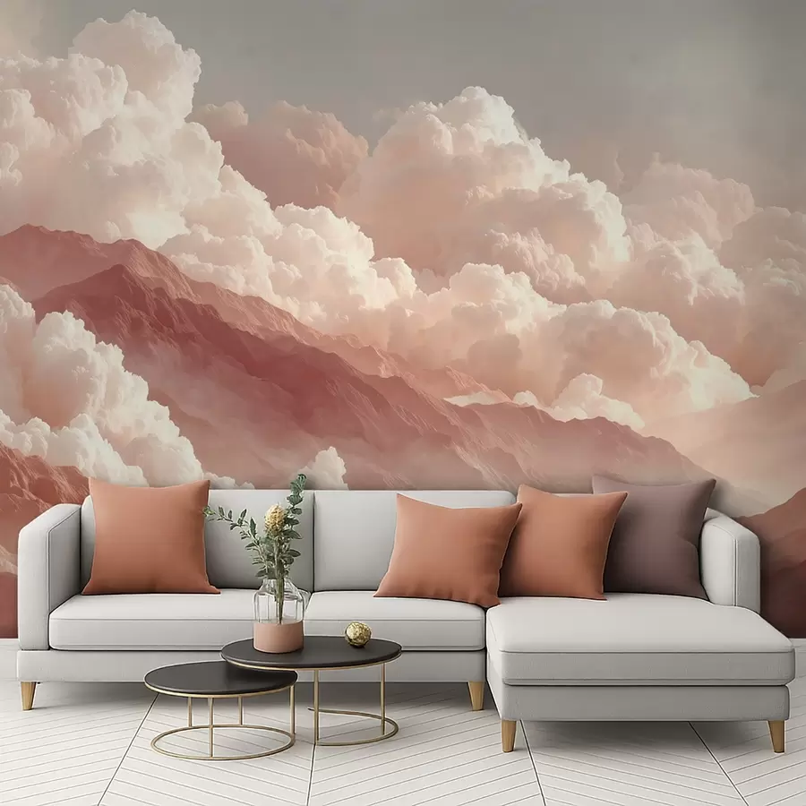 murales de pared Cálido amanecer sobre montañas con nubes esponjosas w09226