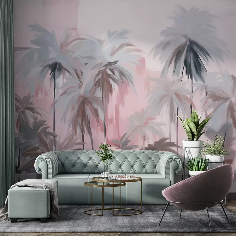 murales de pared Palmeras tropicales abstractas minimalistas en tonos pastel, sobre un fondo de tonos rosas y grises apagados w09212v1