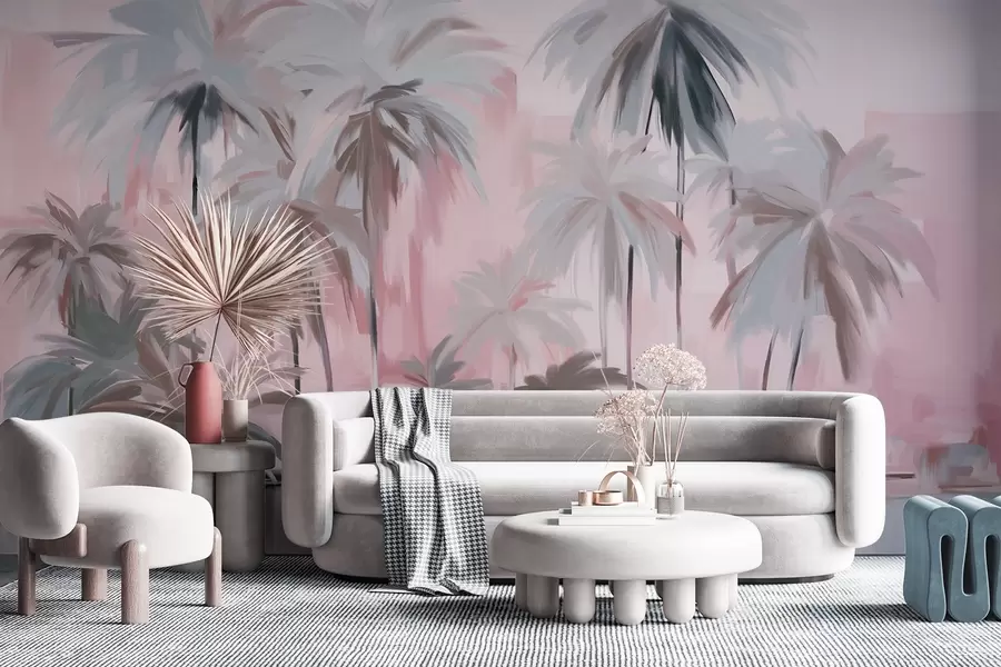 murales de pared Palmeras tropicales abstractas minimalistas en tonos pastel, sobre un fondo de tonos rosas y grises apagados w09212v1