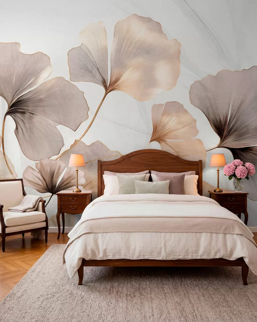 murales de pared Hojas de Ginkgo biloba en tonos beige, amarillo y marrón, delicado efecto de acuarela texturizada, fondo claro w09215