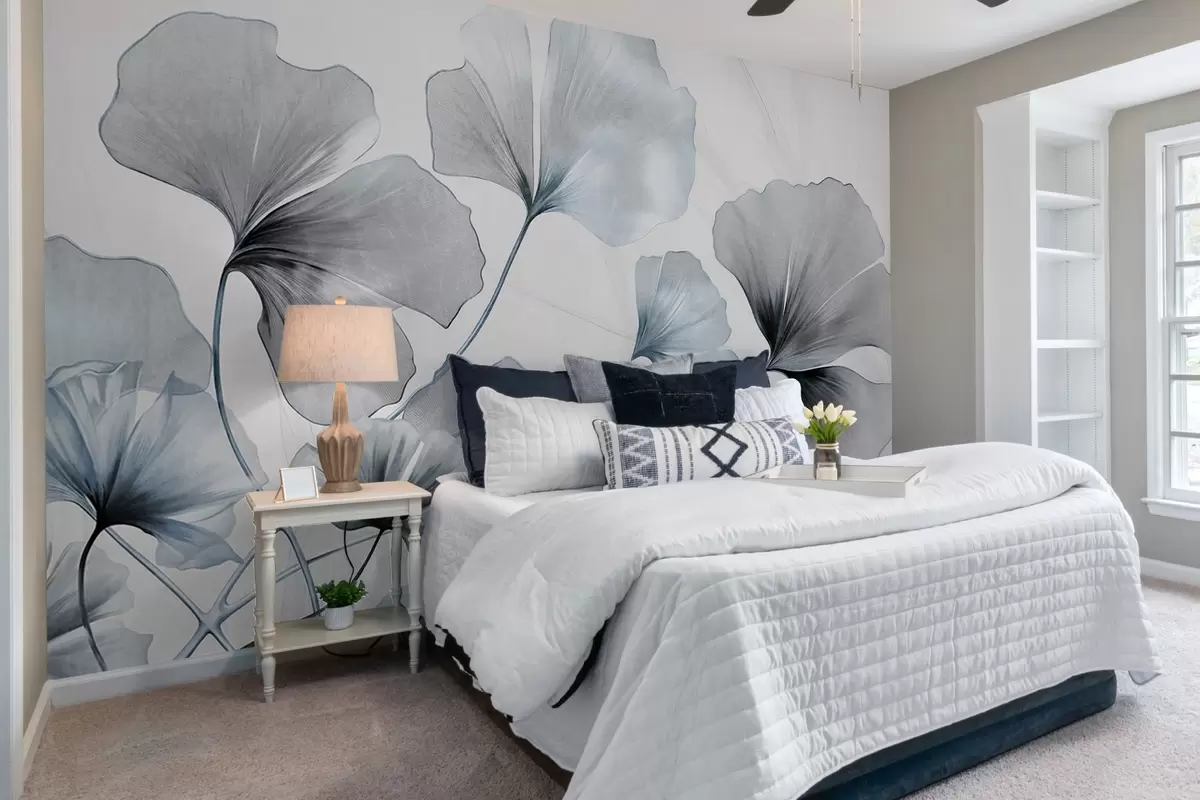 murales de pared Hojas de Ginkgo biloba en tonos azules y grises apagados, delicado efecto de acuarela texturizada, fondo claro w09215v1