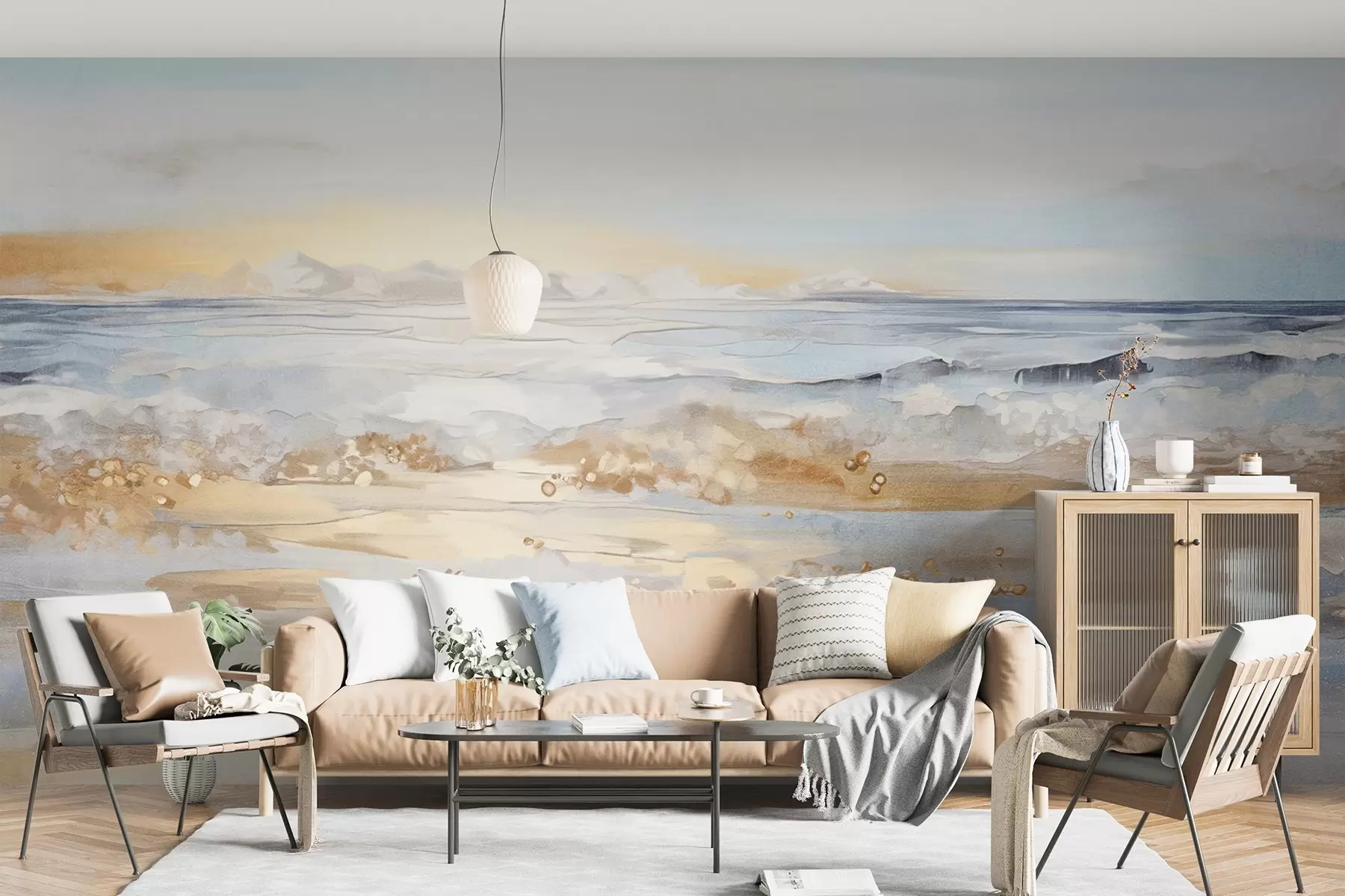 murales de pared Paisaje abstracto con textura de olas del mar rompiendo en una playa de arena, colores pastel suaves, cielo azul con nubes ligeras w09234