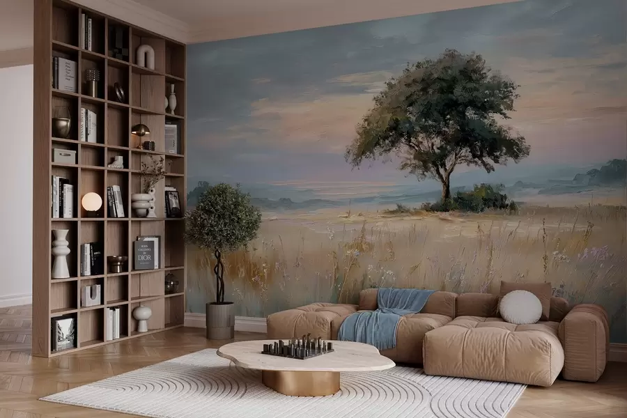 murales de pared árbol en medio de un campo en el estilo de la pintura al óleo w04206