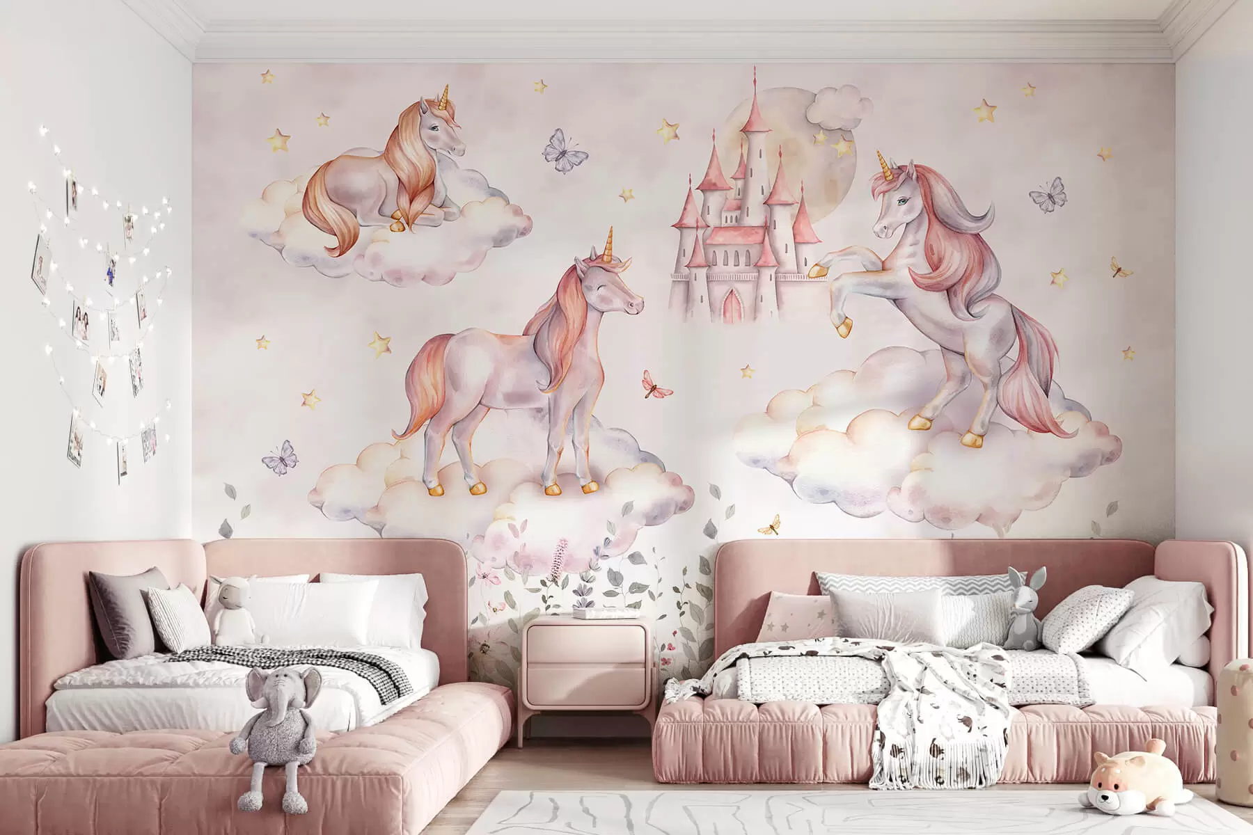 murales de pared Unicornios en las nubes con estrellas, mariposas y flores w04165