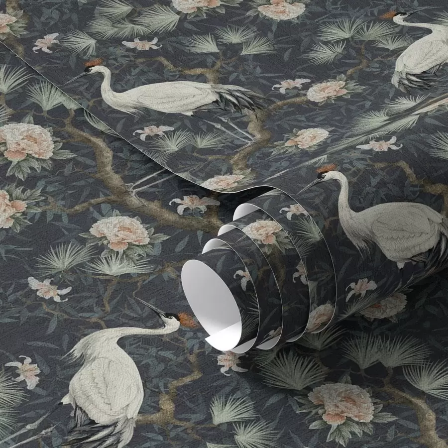 murales de pared Grullas entre pinos y peonías sobre fondo oscuro a00241