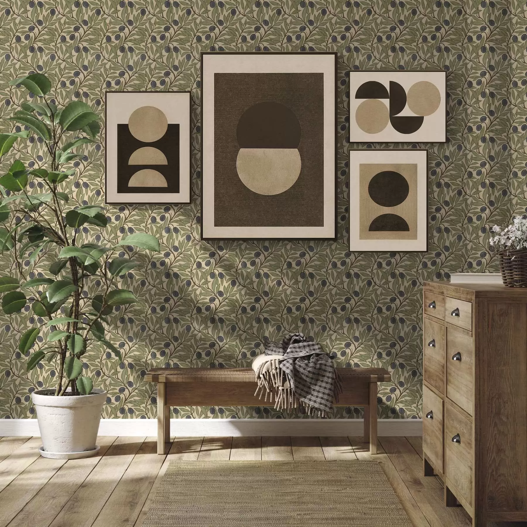 murales de pared Aceitunas en rama en una cálida paleta de olivos a00246