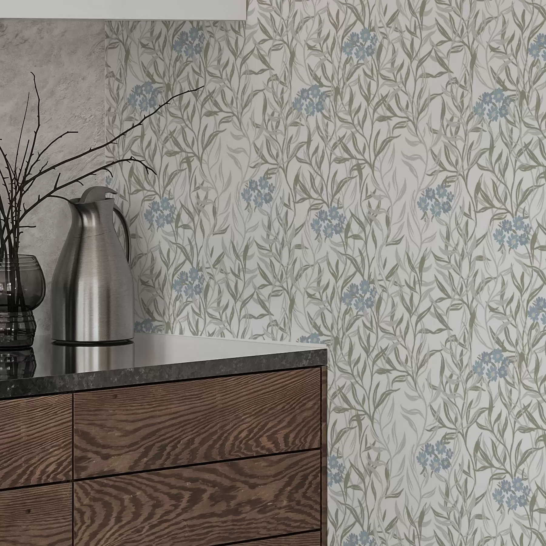 murales de pared Ligero estampado botánico con flores azules a00268