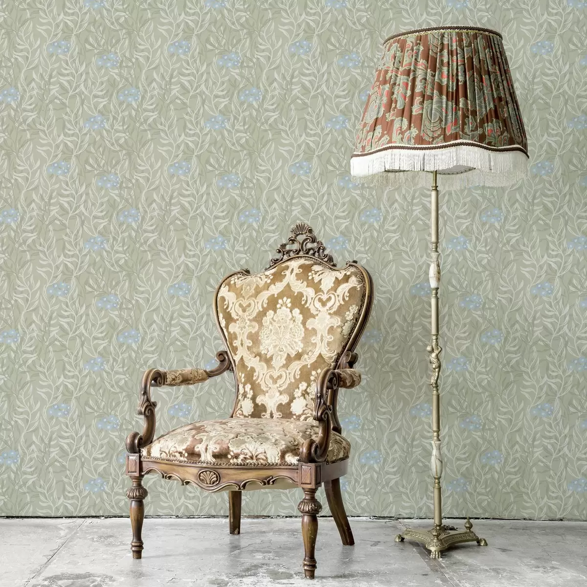 Papel pintado Fondo verde con ramas blancas y flores azules a00268v1 Papel pintado Fondo verde con ramas blancas y flores azules a00268v1