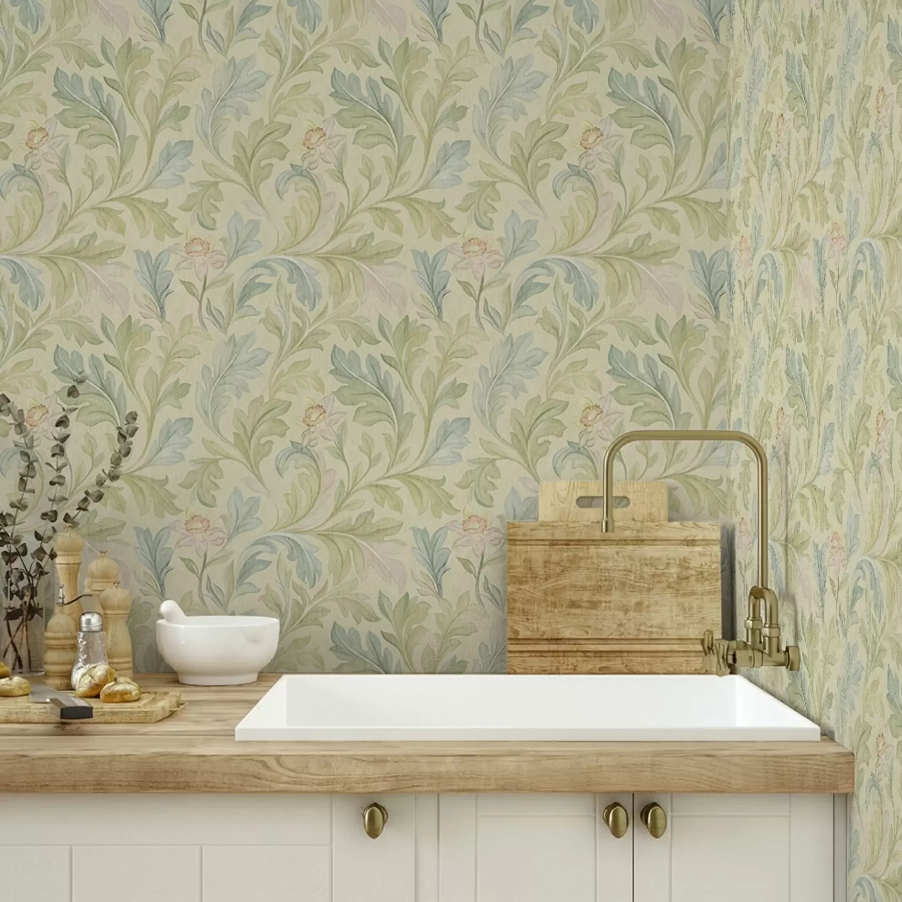 murales de pared Hojas vintage sobre fondo amarillento, colores suaves a00277v1