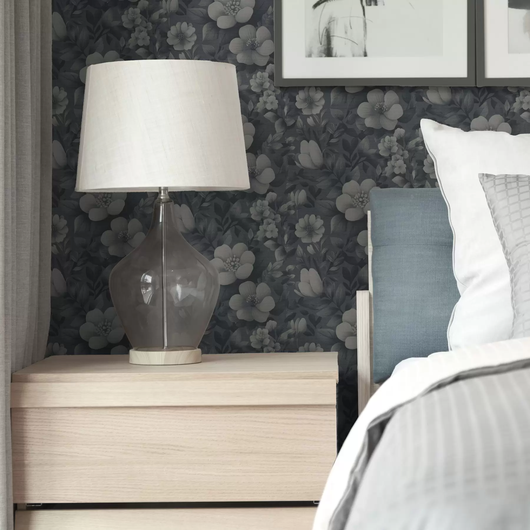 murales de pared Estampado azul oscuro con voluminosas flores blancas a00282