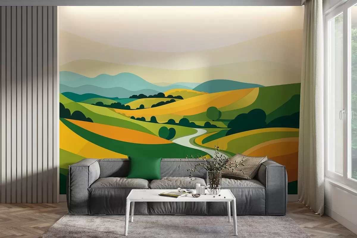 murales de pared Paisaje abstracto con colinas y árboles, colores vivos w04116