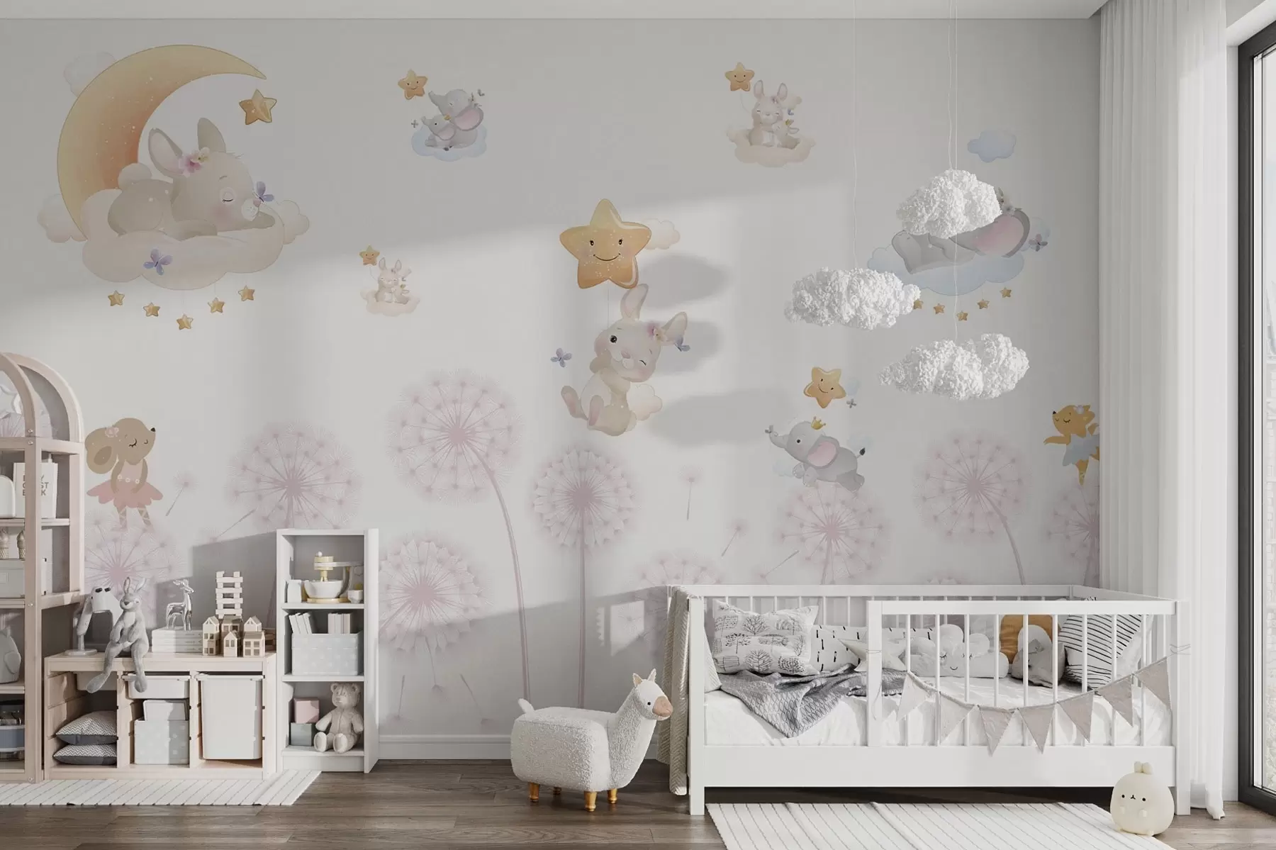 murales de pared Lindo conejo y estrellas entre dientes de león sobre fondo blanco w04195