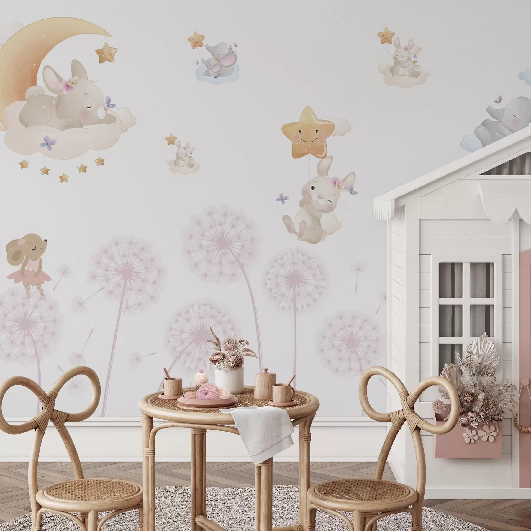 murales de pared Lindo conejo y estrellas entre dientes de león sobre fondo blanco w04195