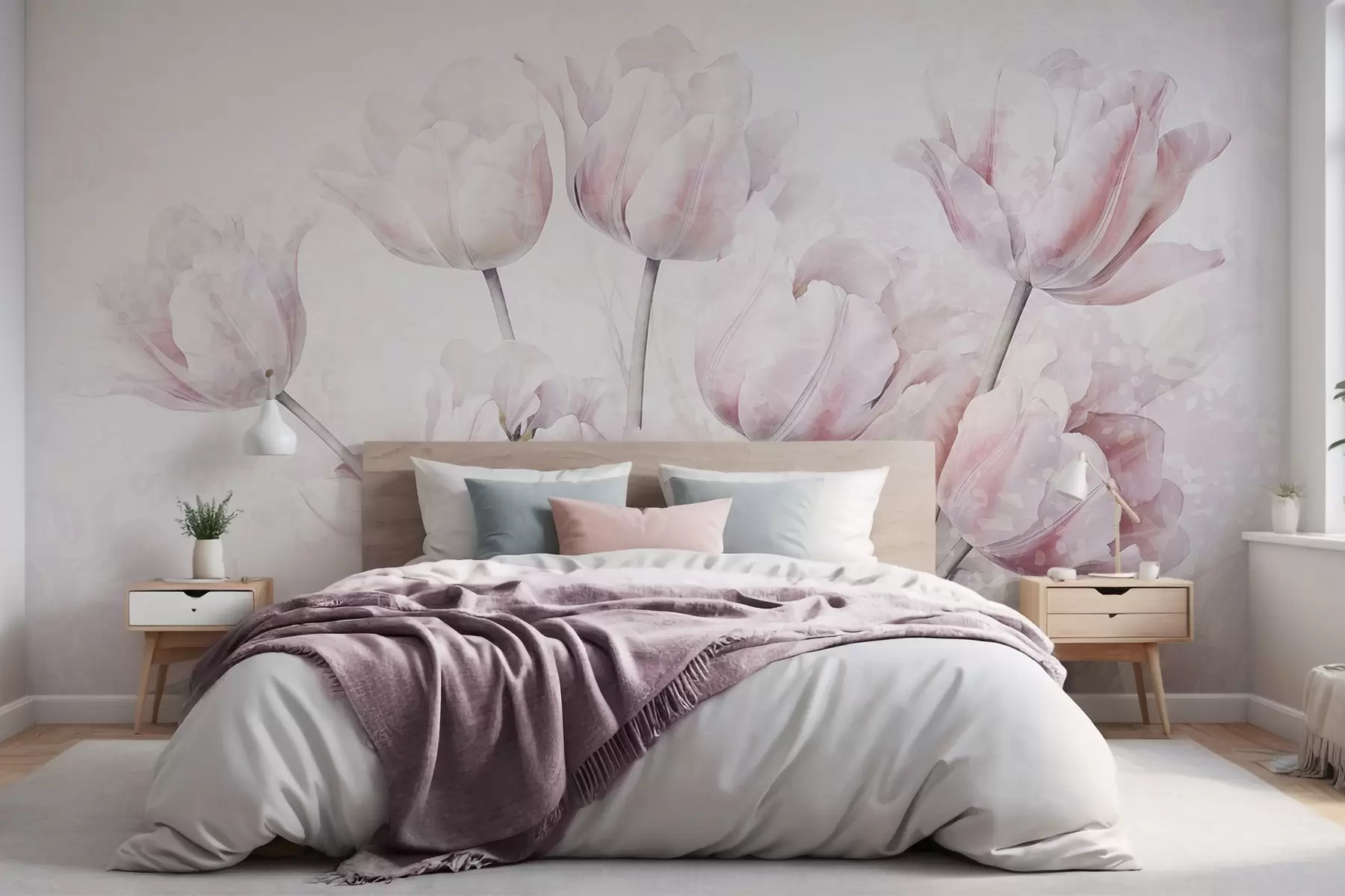 murales de pared Tulipanes de textura rosa con hojas verdes, luz suave, estilo acuarela vintage, pinceladas delicadas w09220