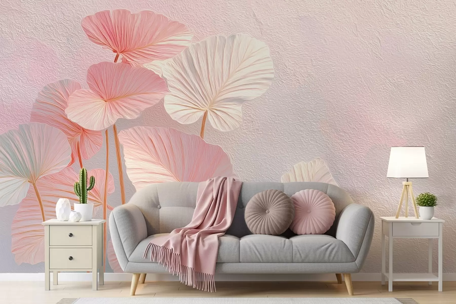 murales de pared Elegantes hojas tropicales grandes en suaves tonos rosas y azules w09252