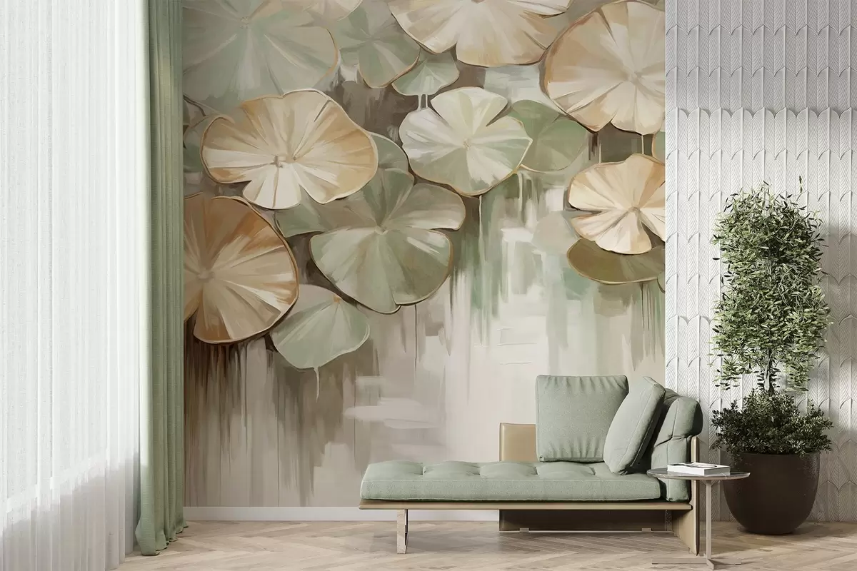 murales de pared Nenúfares texturizados con colores verde y beige en un estanque, el fondo es una mezcla borrosa de blanco, verde y marrón w09255