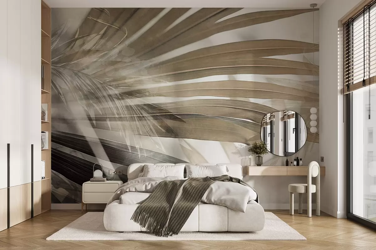 murales de pared Hojas de palmera con un tono marrón claro, superpuestas y creando un efecto de capas, sobre un fondo suave y neutro w09256