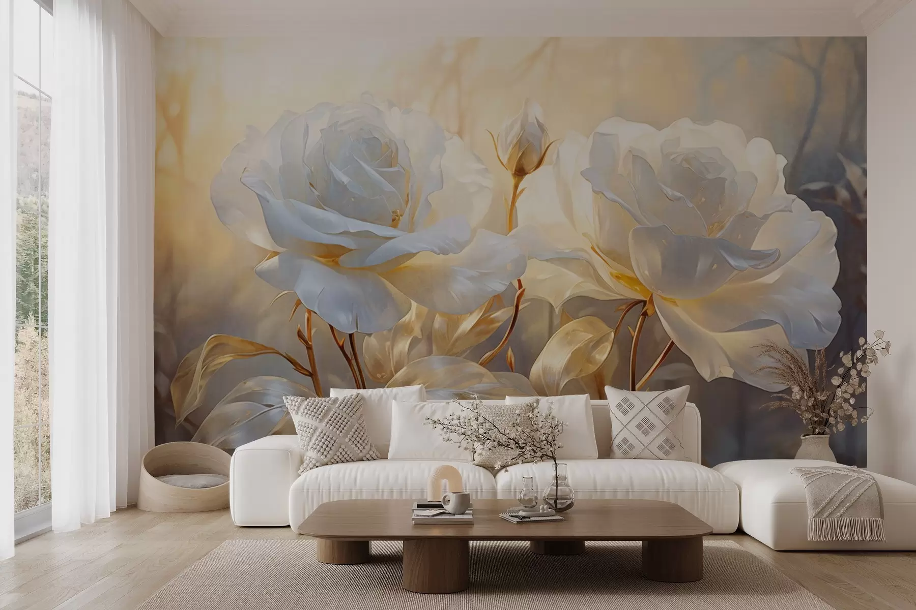 murales de pared Rosas blancas texturizadas con tallos y hojas amarillas, iluminación suave, fondo claro con formas florales difuminadas w09258