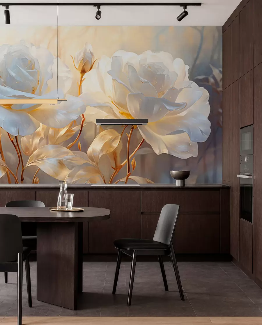 murales de pared Rosas blancas texturizadas con tallos y hojas amarillas, iluminación suave, fondo claro con formas florales difuminadas w09258