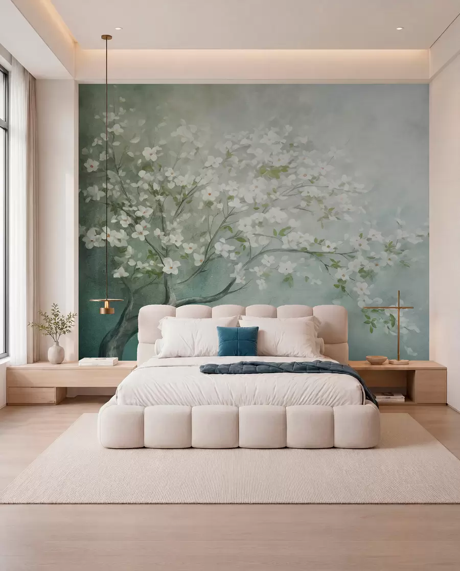 murales de pared Flor blanca sobre azul verdoso w09261