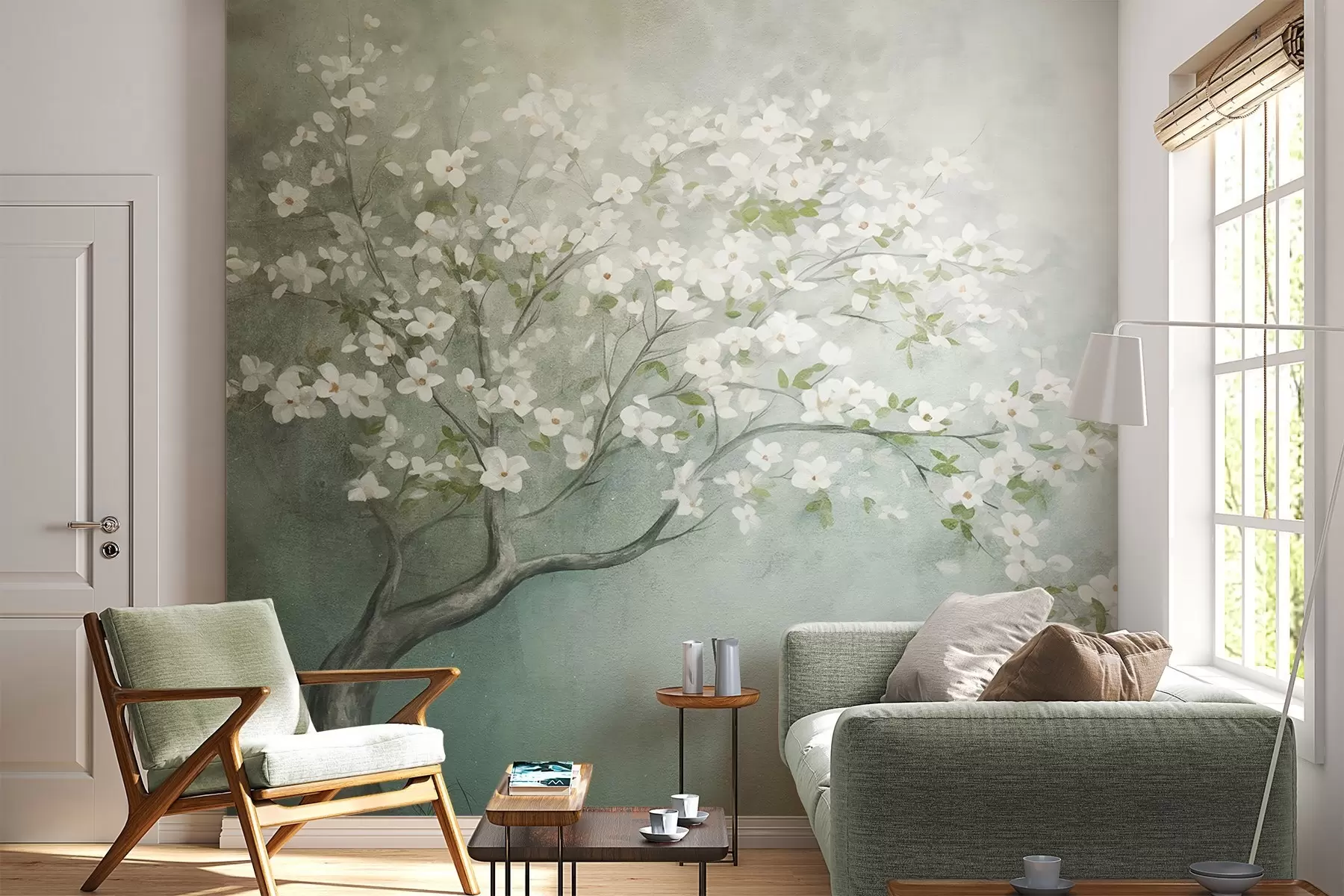murales de pared Un árbol en flor con flores blancas en plena floración, sobre un fondo granulado de textura ruidosa de azules y verdes apagados w09261