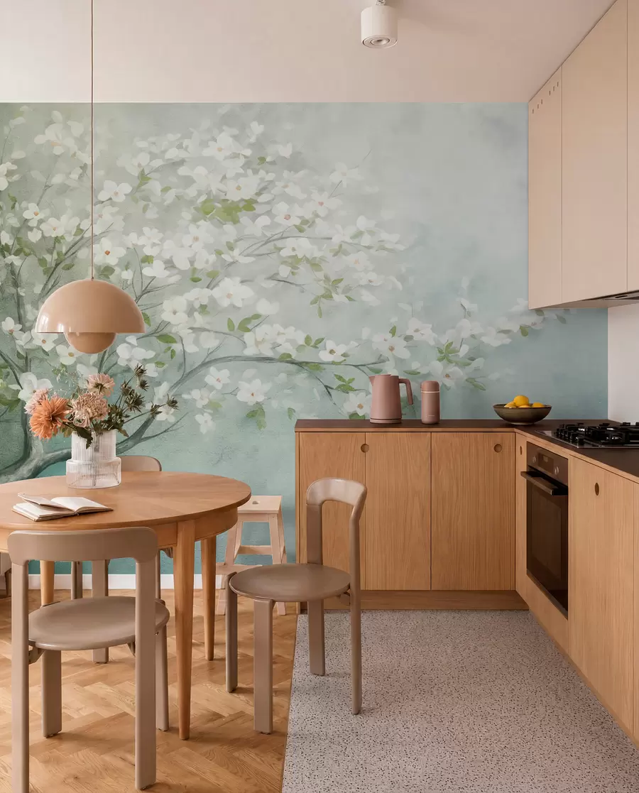 murales de pared Un árbol en flor con flores blancas en plena floración, sobre un fondo granulado de textura ruidosa de azules y verdes apagados w09261
