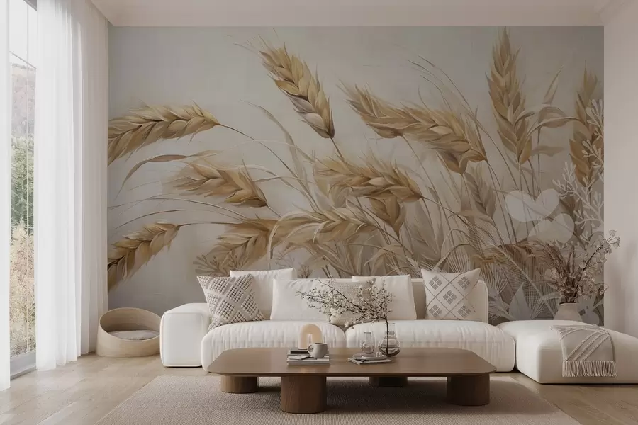 murales de pared Campo con textura de trigo y espigas beige mecidas por el viento, colores suaves y apagados que crean una sensación de calidez w09264