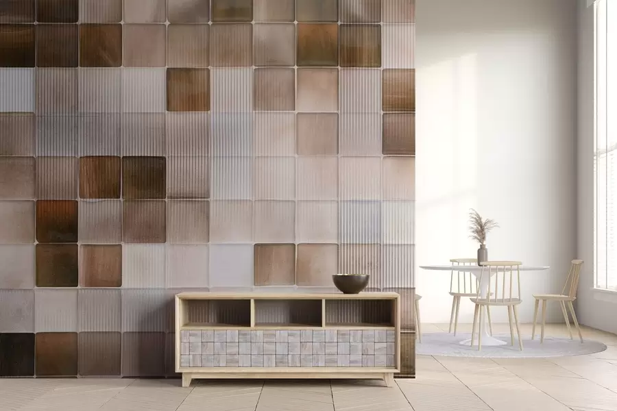 murales de pared Azulejos cuadrados de mosaico de piedra en tonos marrón, beige y blanco con una textura abstracta estriada y ruidosa w09269