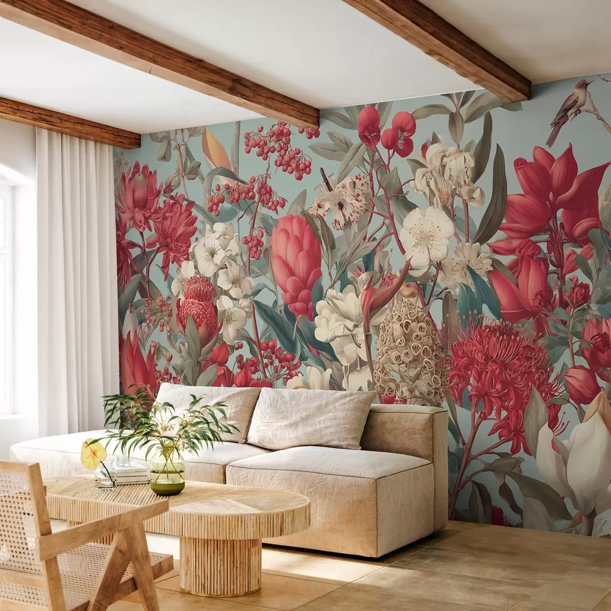 murales de pared flores tropicales con textura sobre fondo azul w04209