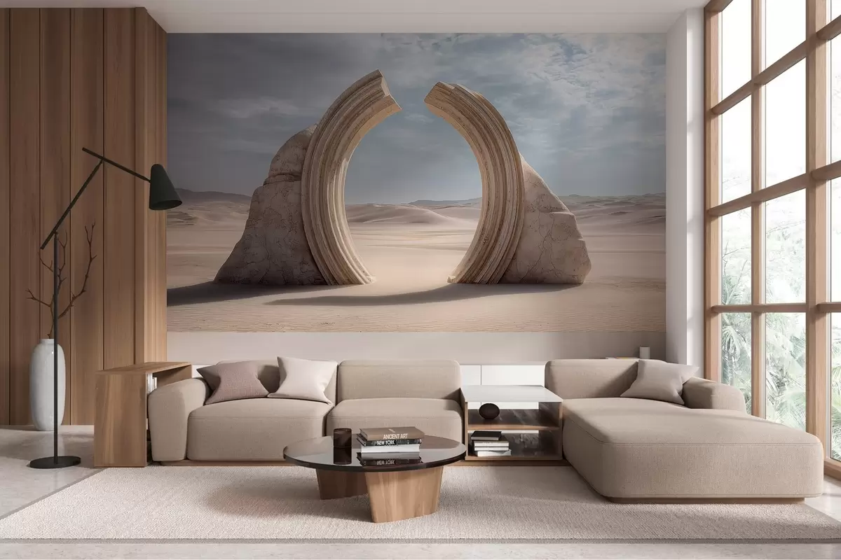 murales de pared paisaje surrealista desértico con un gran arco arquitectónico w04284