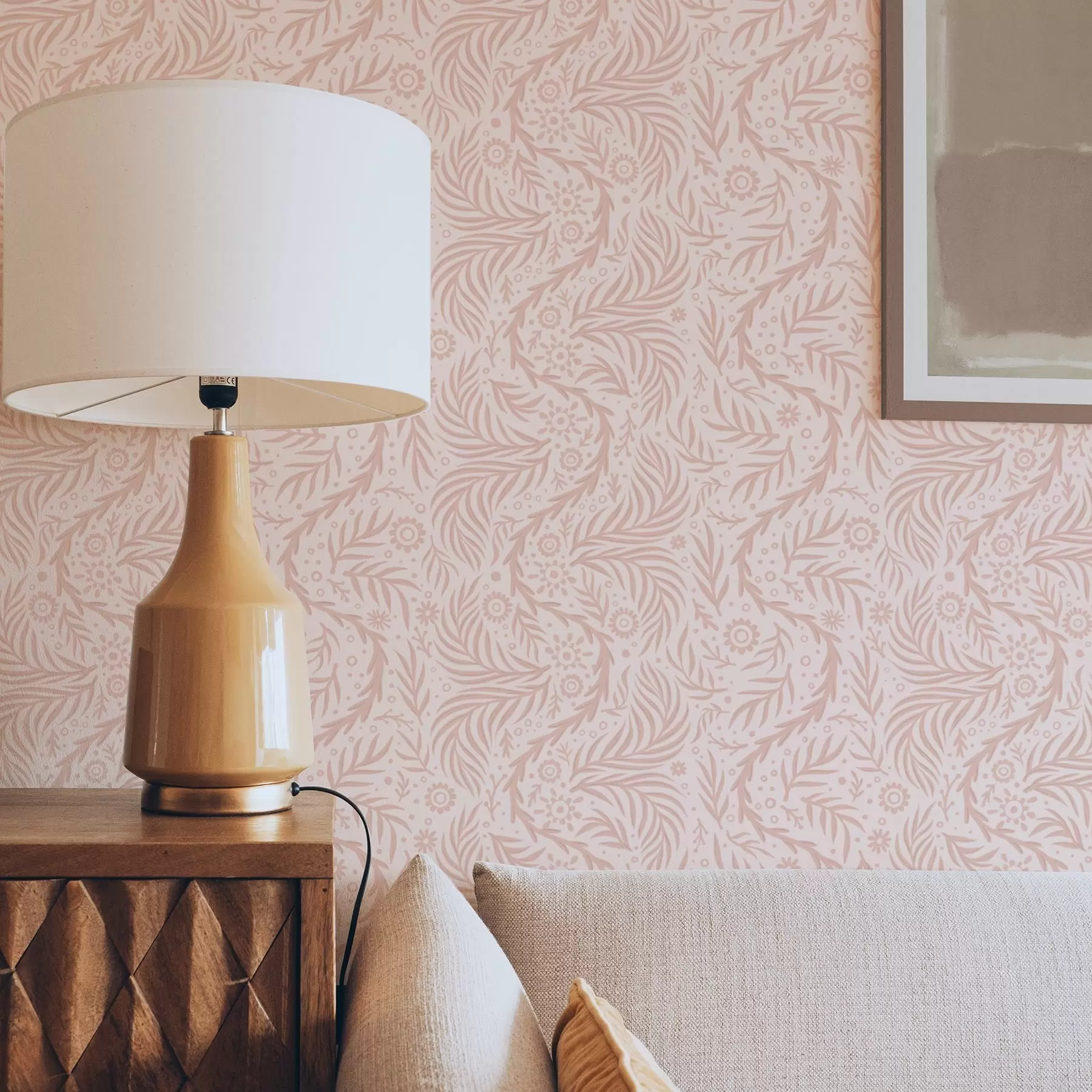 murales de pared Elementos florales rosa pálido sobre fondo rosa a00290