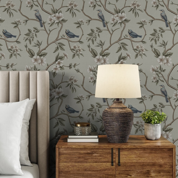 Fotomurale Papel pintado Ramas con pájaros y flores blancas sobre un fondo delicado, Papel pintado Flores y Plantas, a00303 : uwalls.com.co