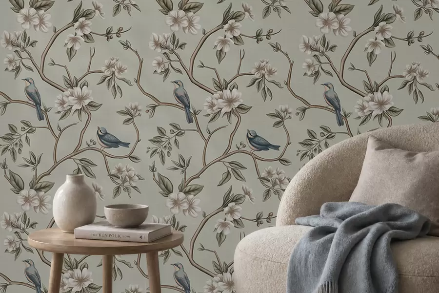 murales de pared Ramas con pájaros y flores blancas sobre un fondo delicado a00303