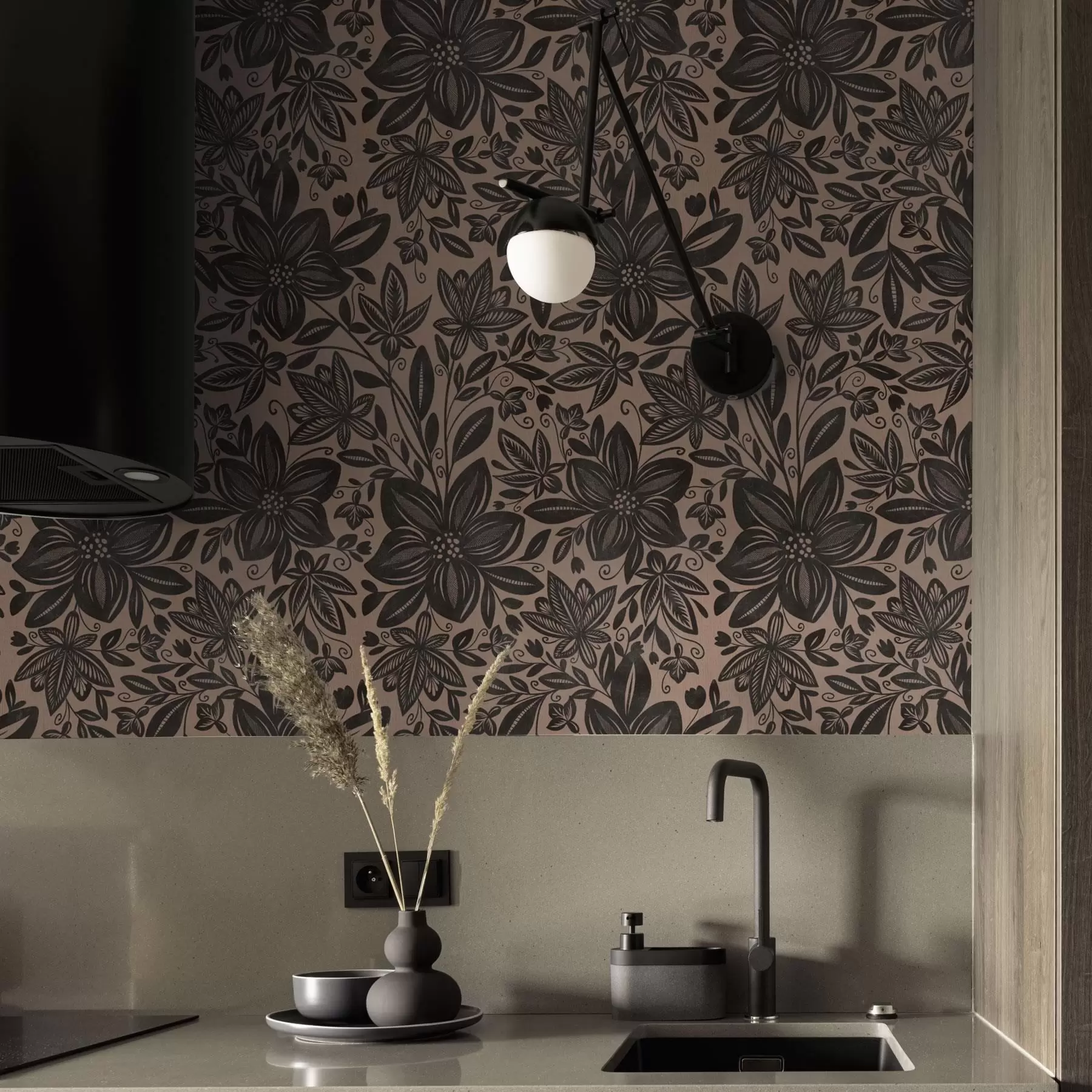 murales de pared Estampado floral étnico negro y rosa y estampado floral étnico rosa a00351